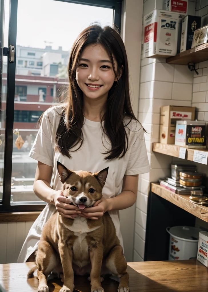 Realistic, photo-Realistic:1.37),(8K, RAW Photos, Highest quality, masterpiece:1.2), Ultra-detailed, 超High resolution, Kodak Vision Color, Filmed with an Arricam LT camera,Highest quality, Lively, 8K, High resolution, Escape, (Professional Lighting), (Portraiture:0.6), Brown Hair,22 years old、slender、pet Shopの店員、pet Shop、laugh、
