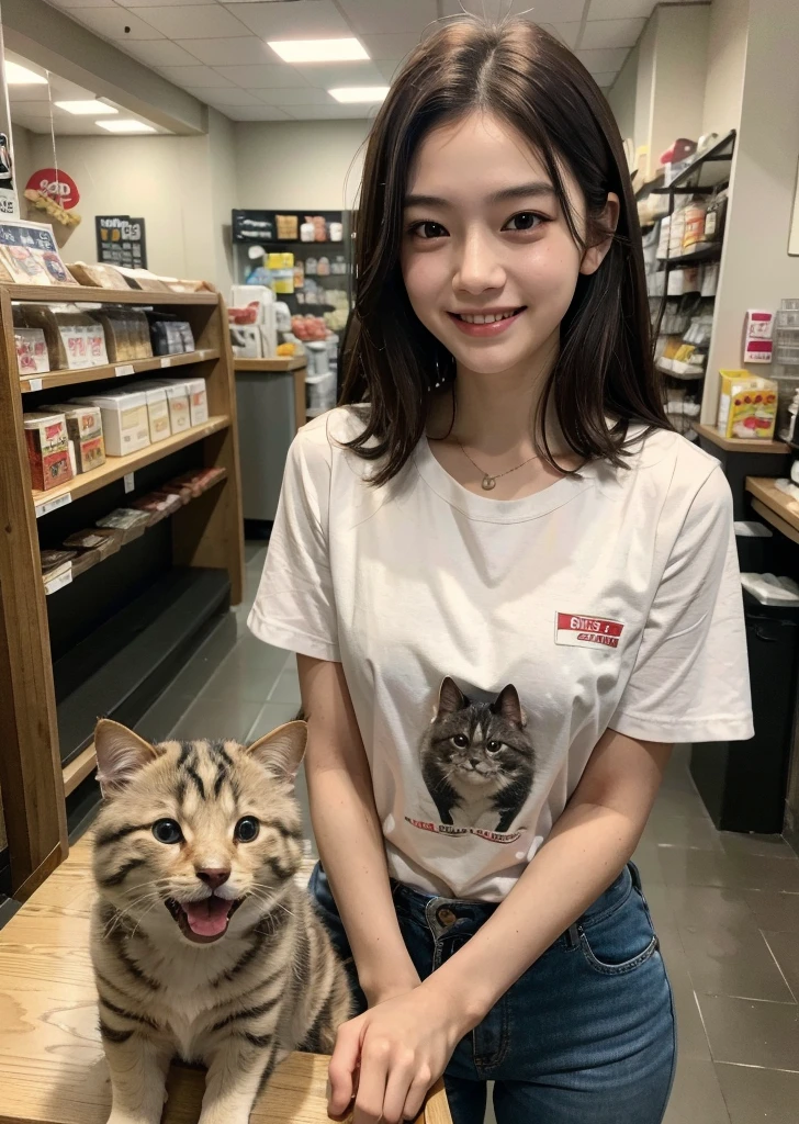 Realistic, photo-Realistic:1.37),(8K, RAW Photos, Highest quality, masterpiece:1.2), Ultra-detailed, 超High resolution, Kodak Vision Color, Filmed with an Arricam LT camera,Highest quality, Lively, 8K, High resolution, Escape, (Professional Lighting), (Portraiture:0.6), Brown Hair,22 years old、slender、pet Shopの店員、pet Shop、laugh、