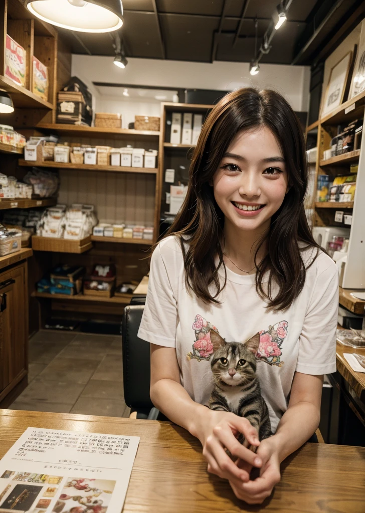 Realistic, photo-Realistic:1.37),(8K, RAW Photos, Highest quality, masterpiece:1.2), Ultra-detailed, 超High resolution, Kodak Vision Color, Filmed with an Arricam LT camera,Highest quality, Lively, 8K, High resolution, Escape, (Professional Lighting), (Portraiture:0.6), Brown Hair,22 years old、slender、pet Shopの店員、pet Shop、laugh、