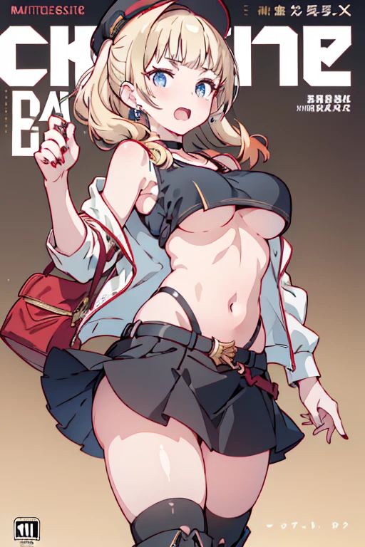 (masterpiece:1.2), (Military uniform magazine cover:1.4),best quality,PIXIV,Sweet girl , sexy posture,1girl, (perky chest:1.2), rolling upskirt by wind:1.6, (with sparkling eyes and a contagious smile),open mouth, (pointed chest:1.2),fishnets, black hair, boots, long hair, black nails, skirt, shirt, black footwear, bag, black skirt, jewelry, jacket, thigh strap, bangs, necktie, earrings, nail polish, multicolored hair, looking at viewer, full body, bottle, own hands together, belt, jacket on shoulders, food, cats on head, ring, choker, english text, collared shirt, blue eyes, hat, lace-up boots ,masterpiece、highest quality、Very detailed、An illustration、Beautiful fine details、One Girl、cute、Detailed landscape、Training Room Background:1.4、Platinum Blonde Hair、Braided Ponytail、Red camisole、((c cup breasts, Tank top showing underboob:1.4))
