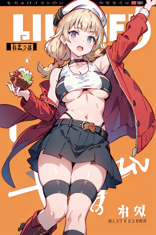 (masterpiece:1.2), (Military uniform magazine cover:1.4),best quality,PIXIV,Sweet girl , sexy posture,1girl, (perky chest:1.2), rolling upskirt by wind:1.6, (with sparkling eyes and a contagious smile),open mouth, (pointed chest:1.2),fishnets, black hair, boots, long hair, black nails, skirt, shirt, black footwear, bag, black skirt, jewelry, jacket, thigh strap, bangs, necktie, earrings, nail polish, multicolored hair, looking at viewer, full body, bottle, own hands together, belt, jacket on shoulders, food, cats on head, ring, choker, english text, collared shirt, blue eyes, hat, lace-up boots ,masterpiece、highest quality、Very detailed、An illustration、Beautiful fine details、One Girl、cute、Detailed landscape、Training Room Background:1.4、Platinum Blonde Hair、Braided Ponytail、Red camisole、((c cup breasts, Tank top showing underboob:1.4))