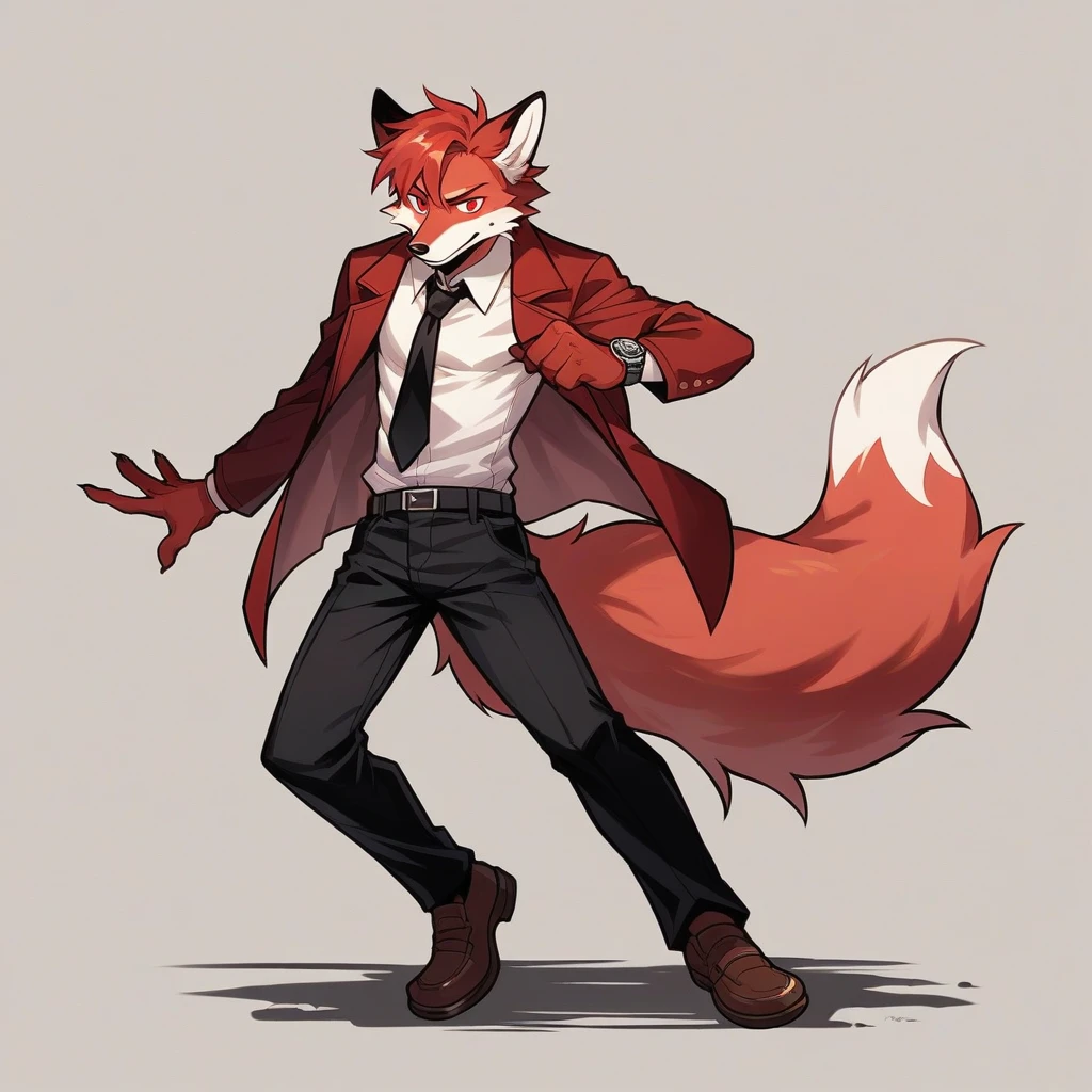 Solo male, Furry, Red fox, Red medium length hair, wavy ends, Red eyes with black screed, Fluffy fox tail with devil horns, 1920s fashion, Black tie with a watch on it, Burgundy long jacket, Dark white shirt, black trousers, brown shoes