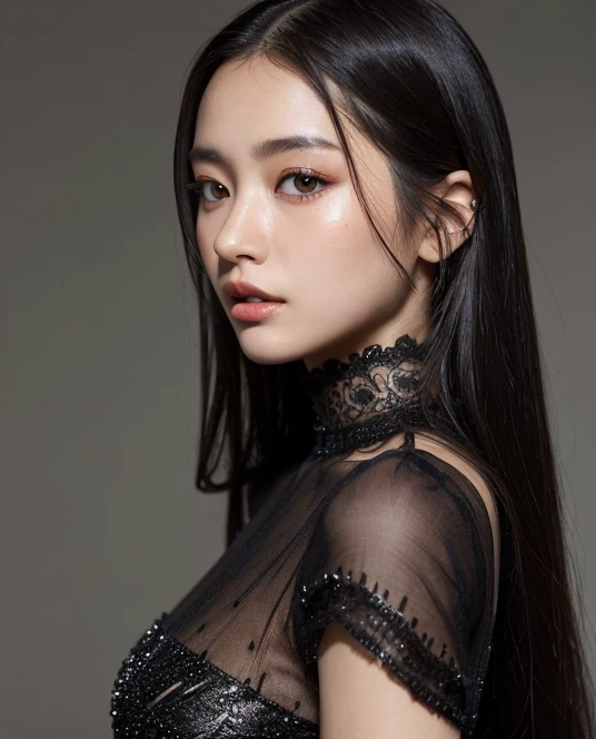 （（Surreal、Super detailed image, maybe a photo.，Captures the details of the skin texture of an incredibly beautiful woman.））Wearing a Lucid Dream dress，long black hair。