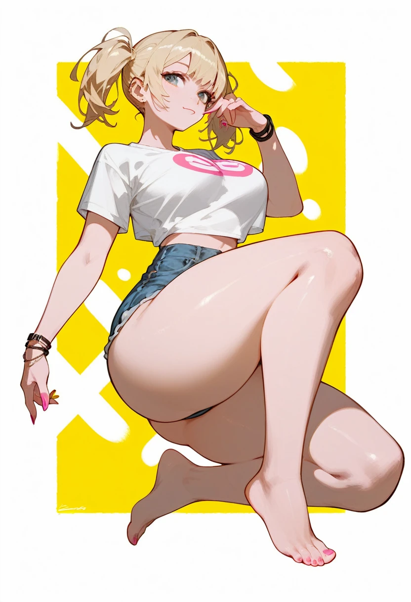 pale woman, thick thighs, large thighs and wide hips, short blonde hair in twintails, small dainty feet, tight shirt, jean shorts, pale skin, barefoot, full body showing, pink nail polish, large breasts