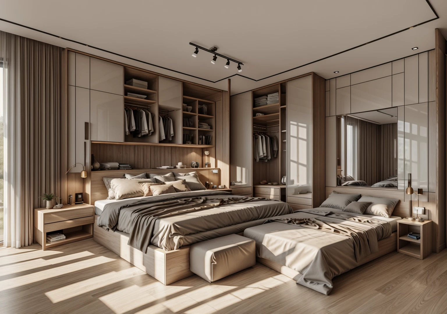 RAW photo, modern bedroom, cenery, indoors, window, lamp, bed, table, curtains, pillow, couch, chair, cup, bedroom, television, blanket, box, mirror, cabinet,  no humans, wooden floor, cinematic lighting, 3dsmax, vray,
, 8k uhd, dslr, soft lighting, high quality, film grain, Fujifilm XT3


