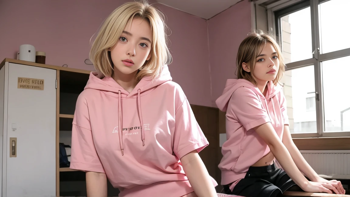 deux femmes blonde ensemble de 18 ans sexy et mince , pink short sleeve hoodie , salle de classe, se touche,position sey,sensuel