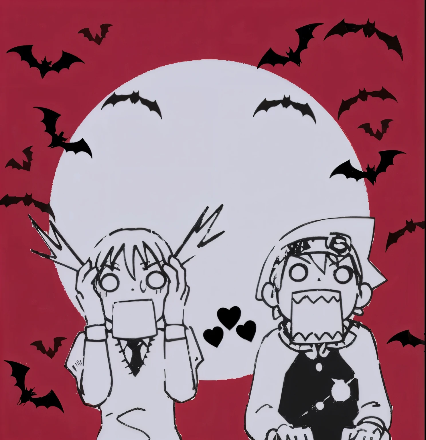 Manga art, couple, red background, bats flying 