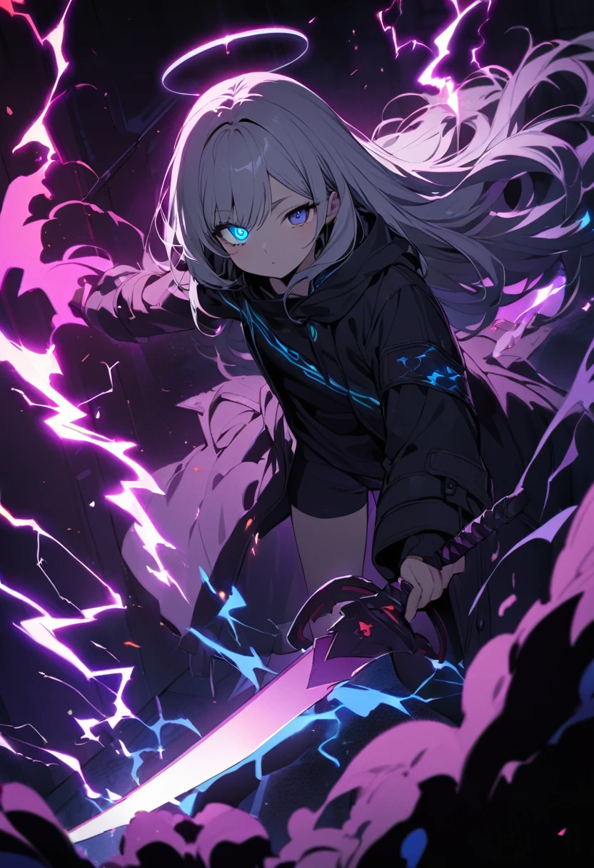 elementary, Shadow Surrounding Girl, lightning, Green Aura, Red aura, Purple aura, Flames surrounding the girl, masterpiece, Dark Theme, Highest quality, Maximum details, Very fine eye, Professional coloring, cinematic lightning, Remaining, Written boundary depth, Backlight, One Girl, Young girl, Silver Hair, Long Hair, Black glowing halo, Shining blue sea, Blue Flame, Black long coat, shirt, Black trousers, Swinging a thin black long sword, Expressionless, Purple left eye and blue right eye, Odd Eye