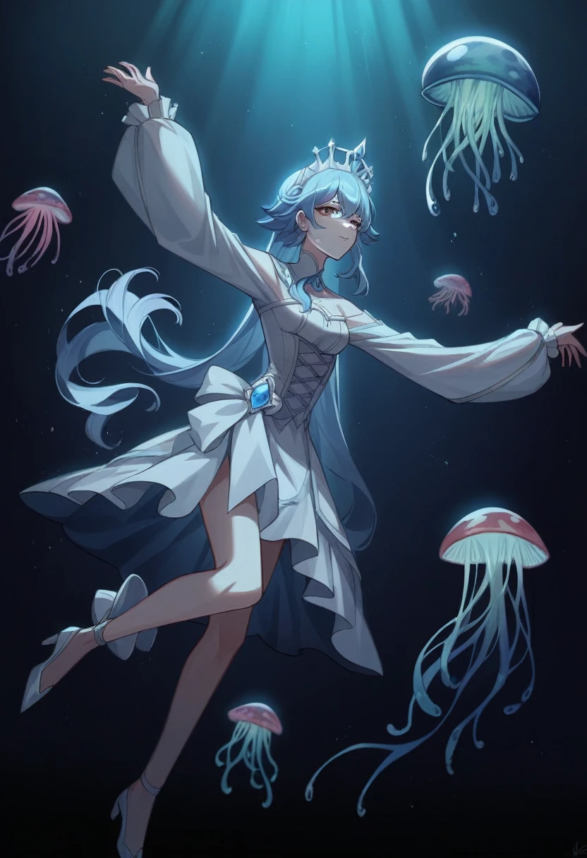 Woman in white dress、Female image wearing a white hat in GALAHAD, Jellyfish Priestess, Complex and gorgeous anime CGI style, Jellyfish Miko, Hot topics on cgstation, Gu Weiss, A close-up fantasy of water magic, Anime girl walking on water, Gu Weiss-style works, jelly fish dancing, Ethereal fantasy, Victorian Era,jellyfish elements,Genshin Impact Style,Coral Palace Heart Sea