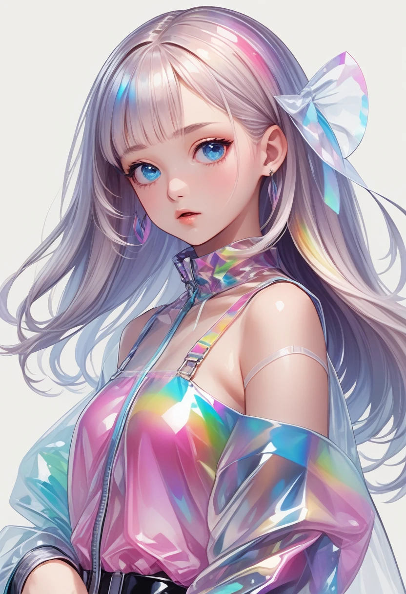 transparent color PVC clothing, transparent color vinyl clothing, prismatic, holographic, chromatic aberration, fashion illustration, masterpiece, girl with harajuku fashion, looking at viewer,beautiful eyes, 8k, ultra detailed, pixiv,upper body,