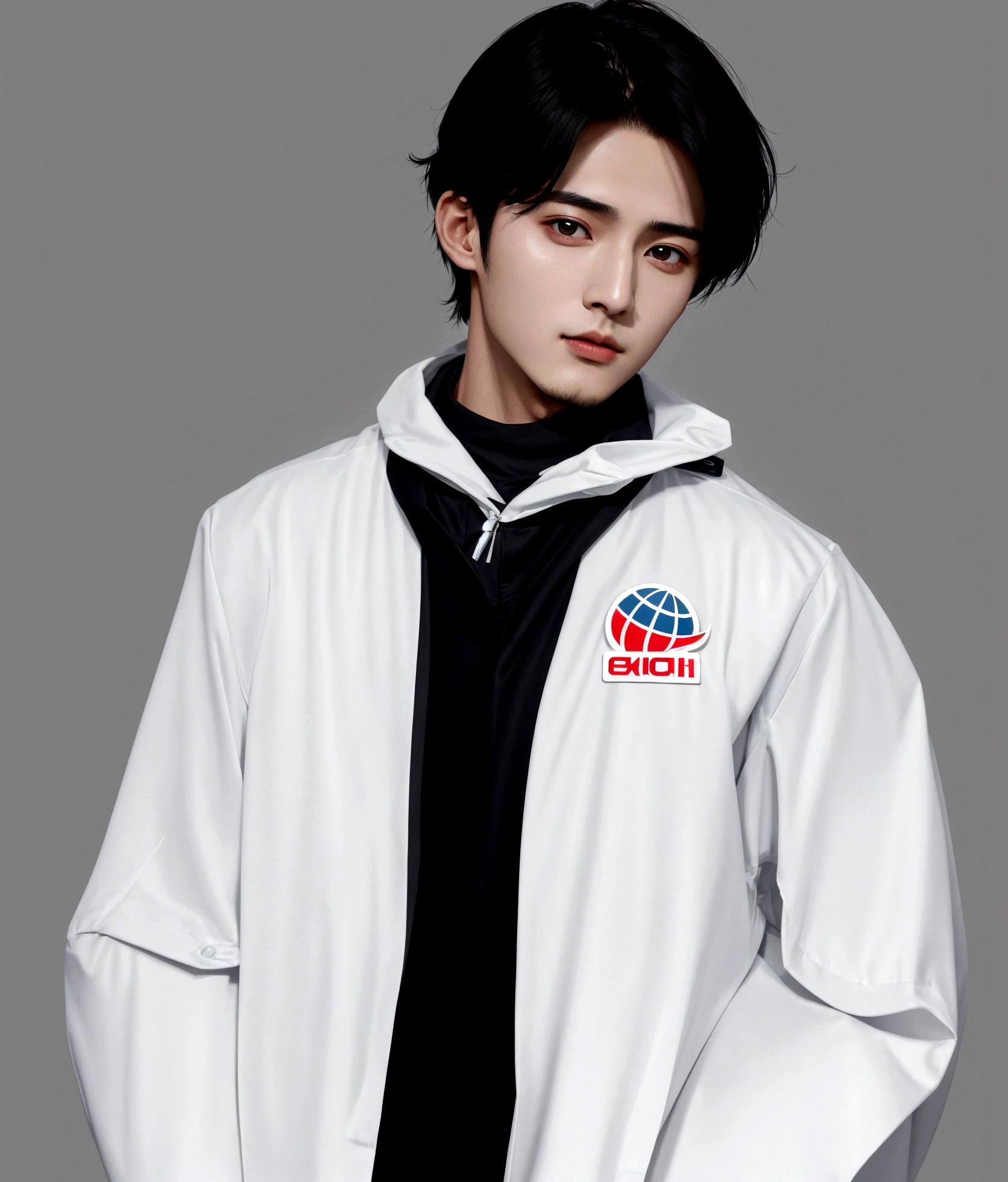 Arabic style image of a man wearing a white jacket and black tie, wearing space techwear, Profile shot, Cai Xukun, Model is wearing a technical vest, Won Bin Lee, Official product photos, xqc, Official product images, Official photos, Official photo, cyber future jacket, Official store photos, Official Art, Shin Jinyoung, Inspired by Zhang Han