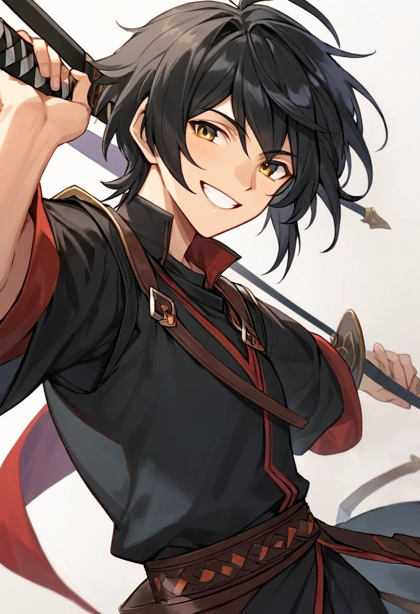 human male, dnd, adventurer, black hair, black cloth,small smile, sword, tan skin