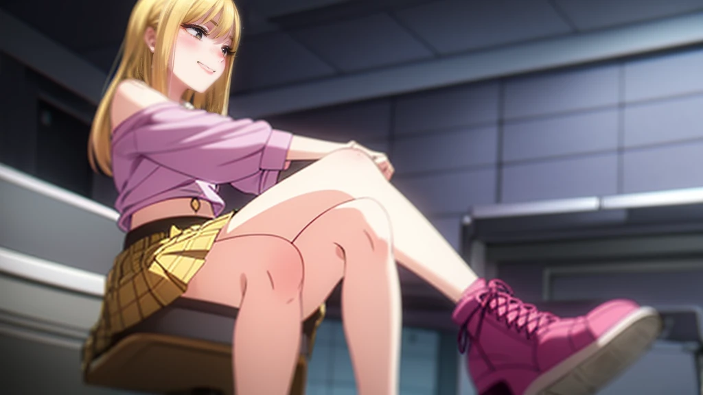 Full body, Skater skirt( pink), High heel boots, high waste skirt, skater skirt, pleated skirt, waste high skirt, belt, free shoulder dress, off shoulder, sitting, ((crossed legs)), sitting cross legged, legs crossed, ((sitting on desk)), desk, smile, seductive, nsfw, crop top, yellow hair