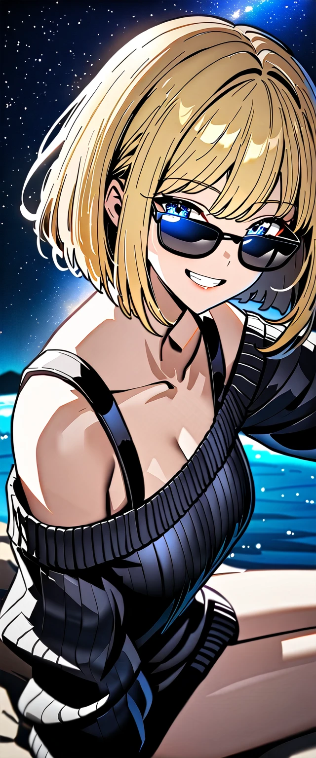 from side, ((grin)), sunglasses, hand to sunglasses, ((off-shoulder sweater:1.3, Quite thick shoulder straps)), ((black sweater)), ((Aran sweater)), (((from above))), ((((upper body)))), ((Leaning to side)), (((a beautiful starry sky, the Milky Way shining beautifully in the night))), ((sitting on the very high cliff)), wavy hair, inward curled hair, sea, ((blond hair, bob cut:1.3)), breasts, ager, (looking at viewer), oversized clothes, puffy long sleeves, collarbone, head tilt:1.3, (((blue eyes))), happy smile, (((anime style))), (best quality, 4K, 8K, highres, masterpiece:1.2, ultra-detailed, ultra-detailed eyes, HDR, uhd, studio lighting, ultra-fine painting, sharp focus, physically-based rendering, extreme detail description, professional, vivid colors, bokeh)