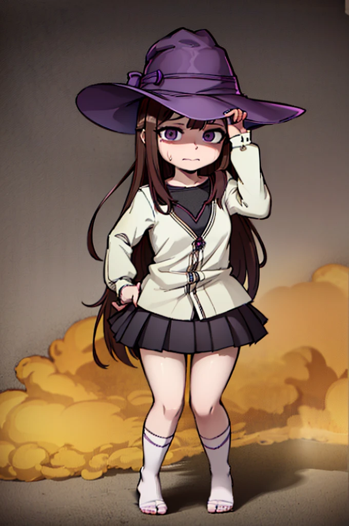 Witch Hat (Brown Hair) Long Hair (((Small breasts))) (Purple Eyes) ((())) (Slanted Eyes) (((low length))) ,(Turn around)  (((solo))),  Embarrassed,  blush, uniform、I'm pulling up my skirt (((A girl farts)))Standing with legs together
、(Holding on)((Her butt is facing me))  (((Loli face)))(((Yellow gas leaking from the anus)))(((high quality)))