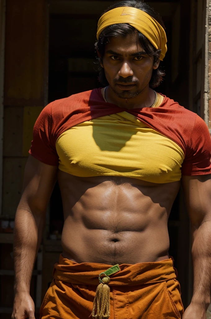 Gopal kumar, realistic, red headband, yellow green jaclet, indian, handsome