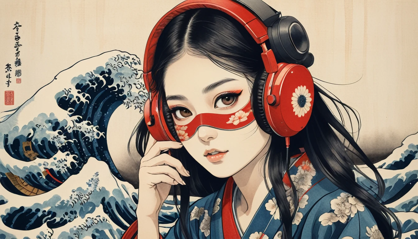 Cover your entire face with a skull mask, Highest quality, Katsushika Hokusai, Ink Painting, beautiful girl, Japanese style headphones, Delicate and precise, Modern ukiyo-e style, long hair, Japanese flag