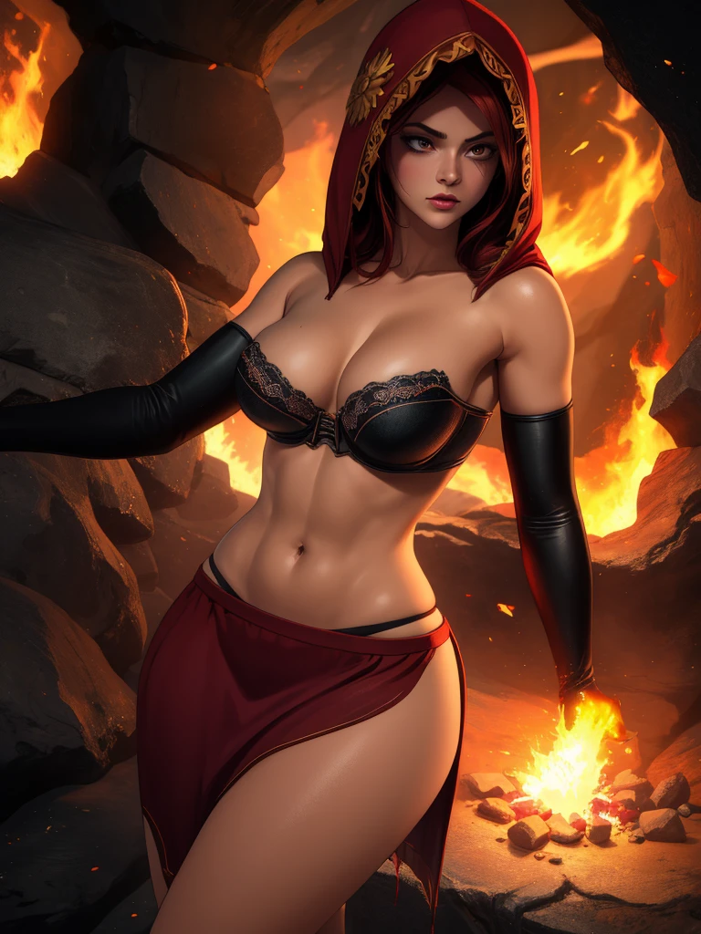 Dsorceress, redhair, shadowy face,dark cave, fire, hood, shadowed face, strapless bra, slim and athletic body, miniskirt, no panty, elbow gloves, dark skin, 1 girl (insanely detailed, masterpiece, best quality)