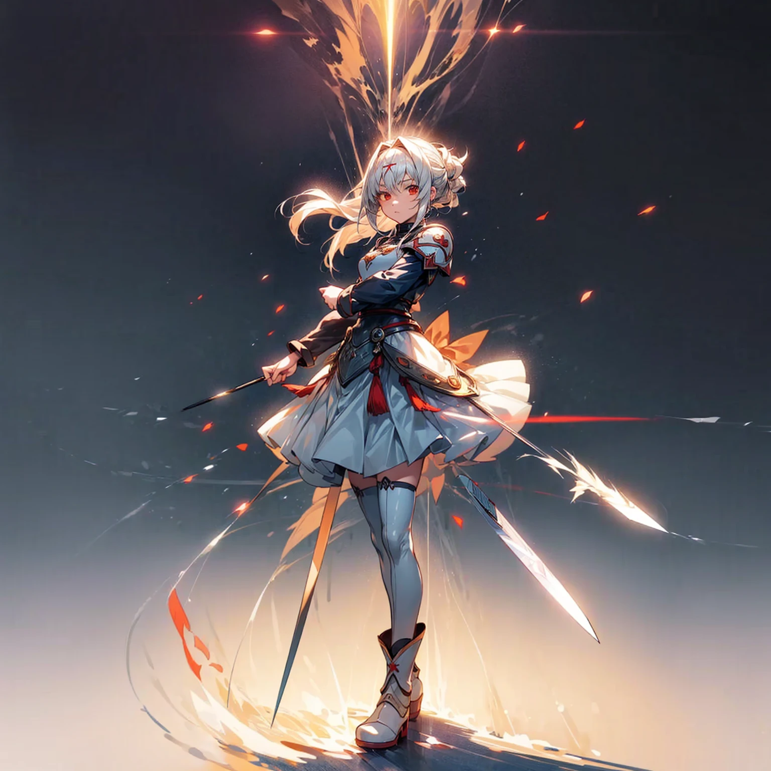 1girl, Full body version, 1character, light red eyes color, long classic hairstyle, white colour hair, soldier style clothing, Long skirt, long socks, long boots, armors, knife in hand, full background, Grassroots background in village, motion blur, shadow, standing gesture, (Hunter x Hunter style art)