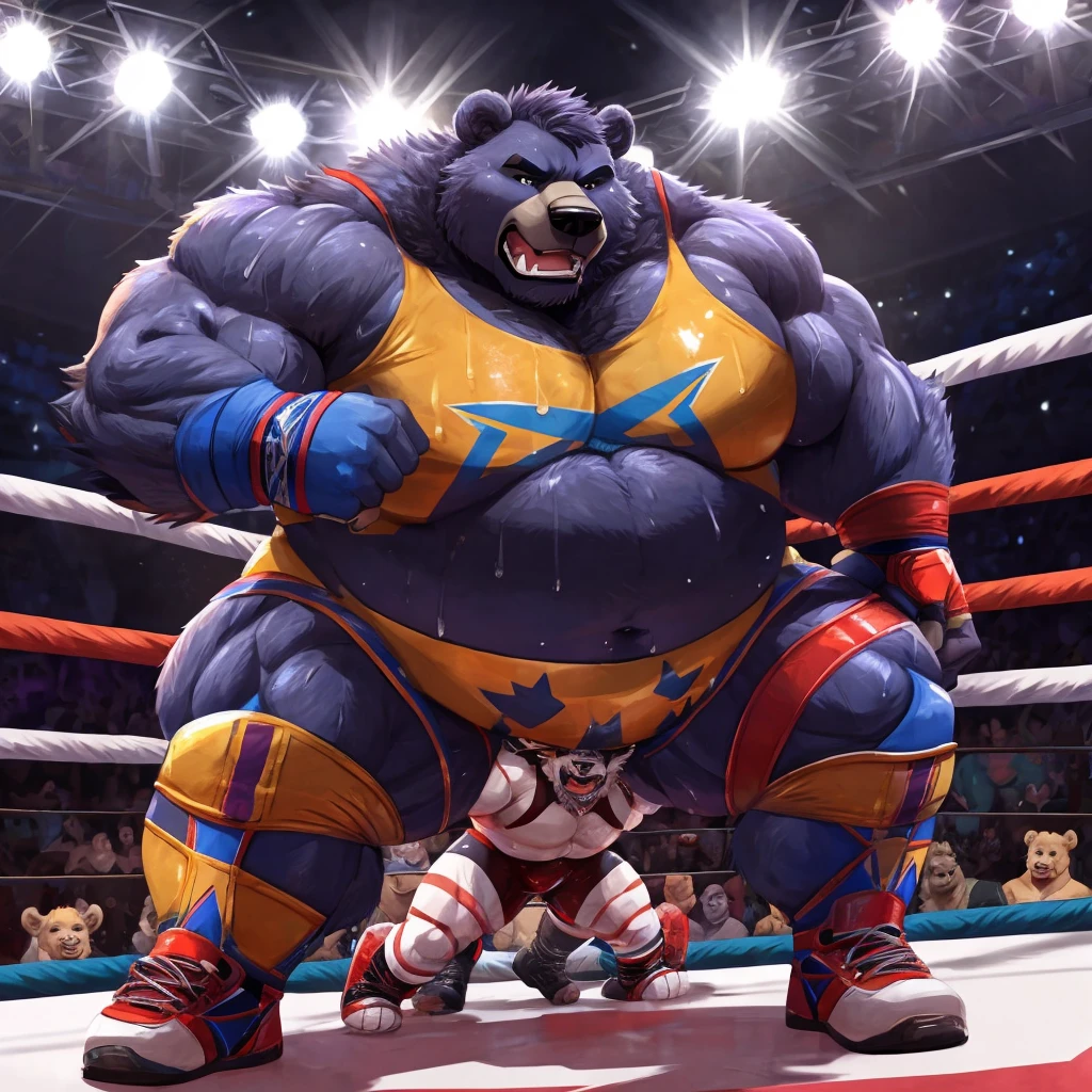 very, wrestling wrestler, fat but muscular, Big, Thick, robust, imposing, sweaty, black bear, wrestling ring background, focos brillantes en el techo iluminando su rostro sweaty, public in the background