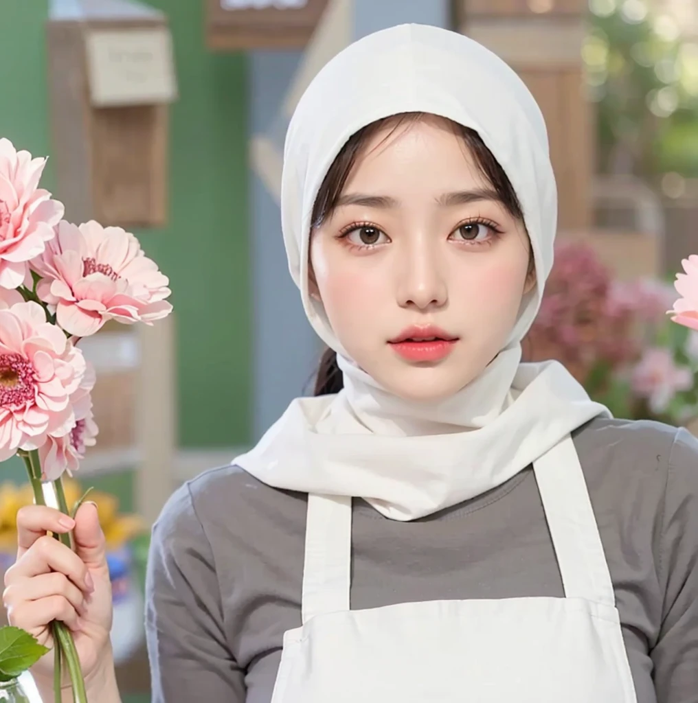 (Best quality, 8k, 32k, Masterpiece, UHaD:1.2),Photo of Pretty Japanese hijab woman, large breasts, oversize crew shirt. embordy logos, white apron, florist apron