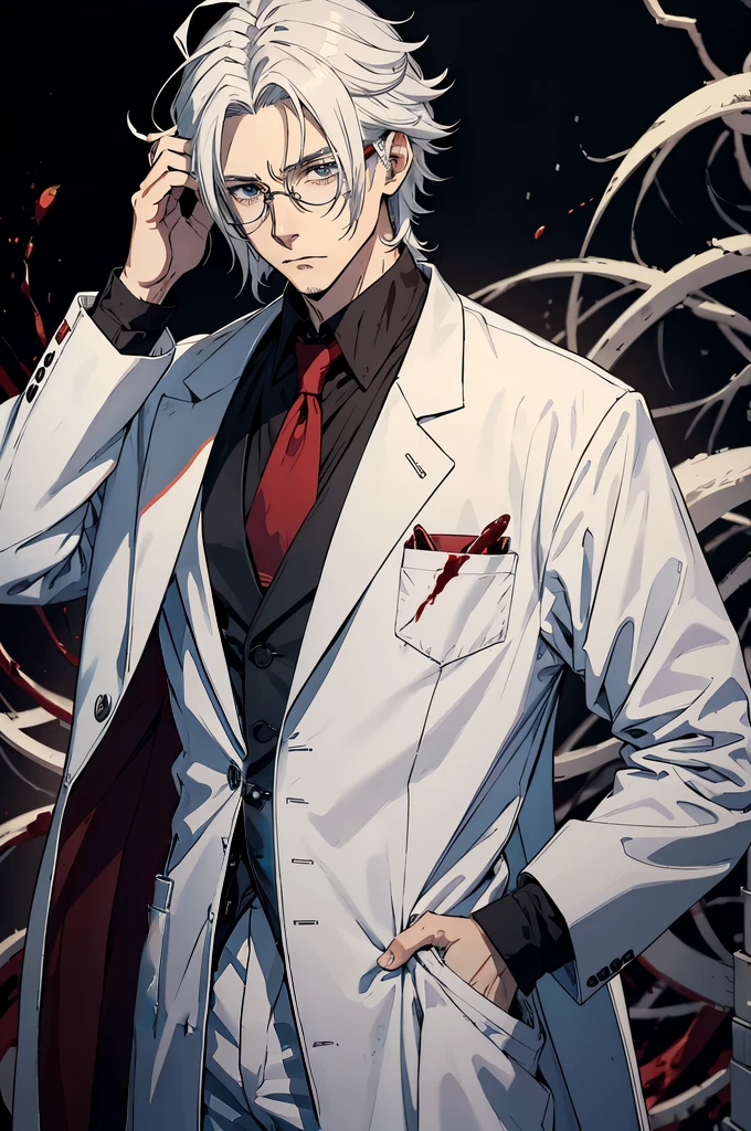 Anime style, male scientist, tall, glasses, brown shoulder length hair with white tips in his hair, white hair tips, the tips of his hair are white, blood on his hands, scalpal in one of his hands covered in blood, , handsome, scary. cold. blood over his lab coat.