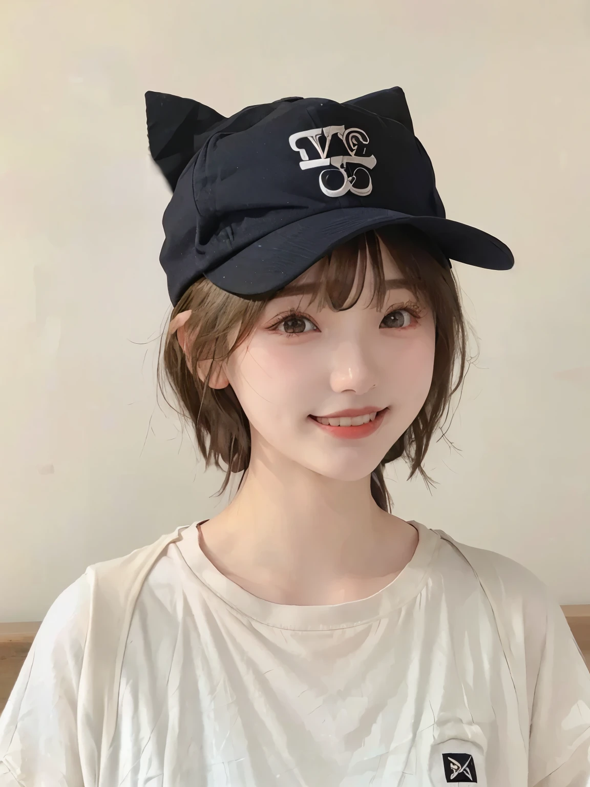 Best image quality、original photo、ultra high resolution、21 years old Korean、small breasts、dynamic angle、Cowboy shooting、The most beautiful form of chaos、elegant、Innovative design、bright colors、,light brown short hair、disheveled hair、light brown eyes 、black baseball cap(Facial expressionSmile)、short bob、Smile、Fair and shiny skin、beautiful eyes,random colors、The details are very beautiful、thin lips、Delicate and beautiful eyes、elongated eyes、Pale pink cheeks、long eyelashes、beautiful double eyelids、eye shadow、he、White Large T-shirt Sweatshirt、baggy pants、Shot from the side、sexy pose、enlarge