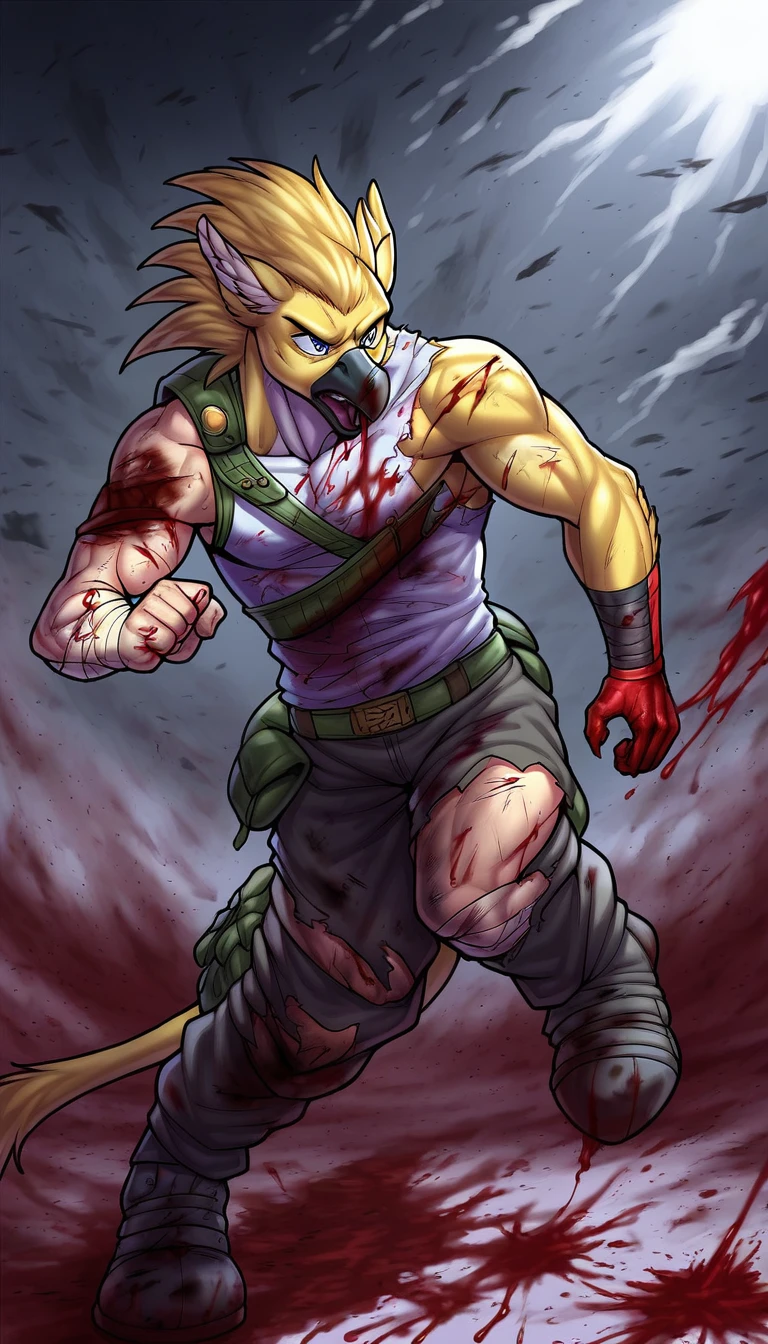 score_9_up, ((adult)), (gryphon:1.2), (male, dragon scales, black scales), with Center parted shoulder length hairstyle, (wearing military clothes, armor, pants), (damaged, injuries, hardcore, blood, flash, broken limbs, bones, gore, body in blood:1.5), (battle scene), action pose, show legs, scene background
