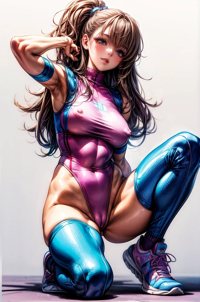 80s aerobics style、High leg leotard、Colored tights、loose socks、sneakers、Detailed picture、girl、25-year-old woman、Dynamic and lively pose、Crotch line、Erect nipples