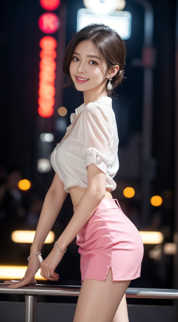8k, masterpiece, RAW photo, best quality, photorealistic, extremely detailed CG unity 8k wallpaper, Depth of field, Cinematic Light, Lens Flare, Ray tracing, (extremely beautiful face, beautiful lips, beautiful eyes), intricate detail face, ((ultra detailed skin)) 1girl, in the dark, deep shadow, pretty Japan girl, kpop idol,(very slim slender fit-muscled body:1.3), ((looking at viewer)),(big smile:1.3), (night, (neon sign), (blurry background), big buildings, midnight,pretty girl, white diamond earrings, bracelets, necklace, clear eyes, walking , front shot, (pale skin), face forward, (big eyes), full body shot, ((see through blouse)), (hot pink color blouse)), ((laced skirt)), (looking at viewer:1.3), very slim, medium breasts, Hermes bag, tight mini skirt, updo hair, short hair, medium butts, thick thighs, full shot, high heels, long legs