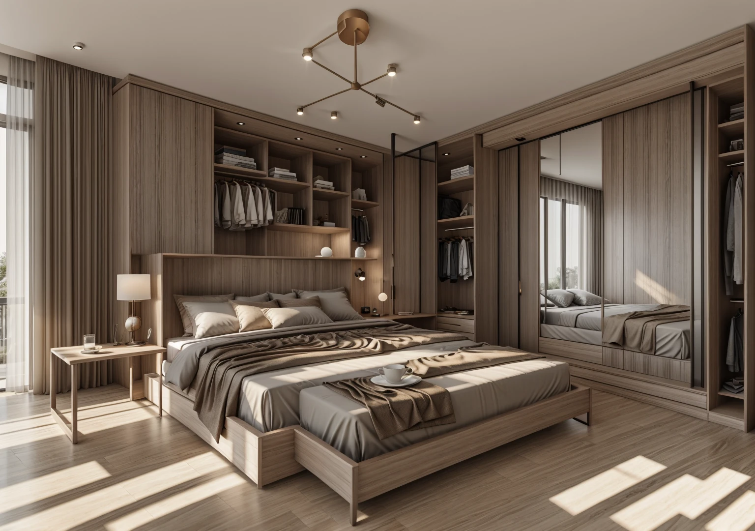 RAW photo, modern bedroom, cenery, indoors, window, lamp, bed, table, curtains, pillow, couch, chair, cup, bedroom, television, blanket, box, mirror, cabinet,  no humans, wooden floor, cinematic lighting, 3dsmax, vray,
, 8k uhd, dslr, soft lighting, high quality, film grain, Fujifilm XT3


