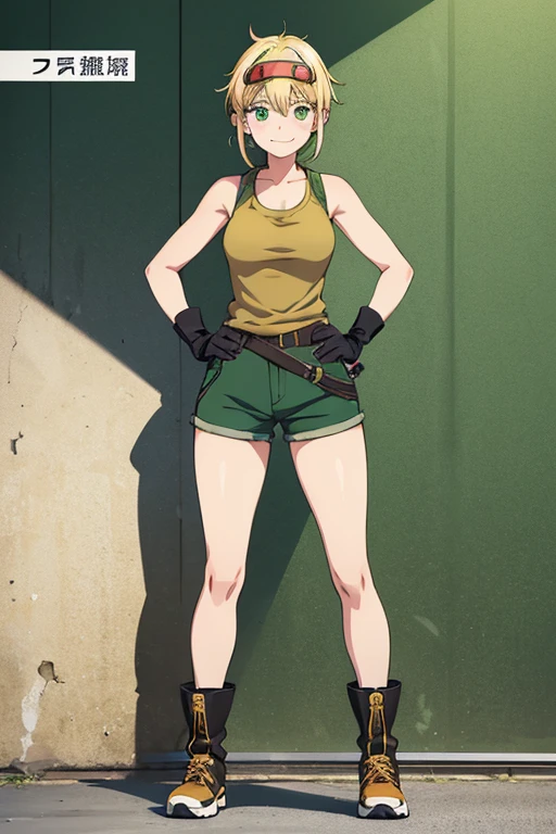 Anime Art、Full body portrait、A freckled female mechanic, about 38 years old, about 165 cm tall, wearing a white tank top and brown shorts, standing upright with her hands on her hips、Laughing with mouth open、The hairstyle is short、Blonde、wearing goggles、Green Eyes、gloves、Knee-high boots