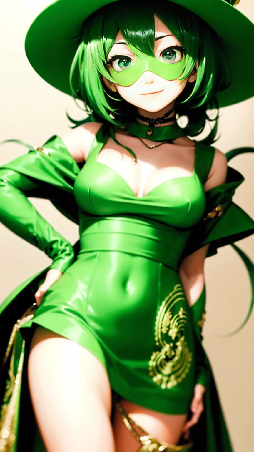 Anime girl in green hat and green dress, , extremely detailed art gelm, Gwaiz, art gelm and atey ghailan, marisa kirisame, art gelm. High detail, Cunning Smile, Close-up portrait of a magician, art gelm detailed, stanley art gelm lau