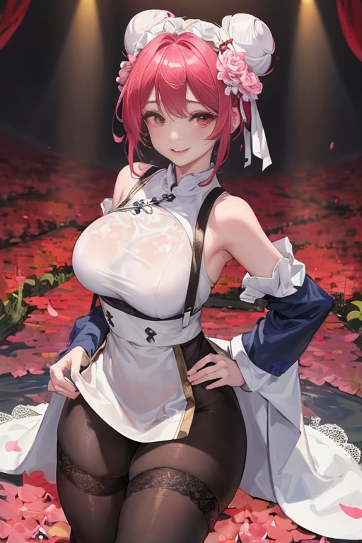 tmasterpiece、Need、1female、Blue cheongsam，Ancient style China、 White cloth bun bun bun、Shoulder leakage、The chest is large、chubbiness、ssmile、Black suspender tights、lace leggings、pale pink lip、hot springs，（drenched all over the body），legs are open， 独奏, White polo shirt, looking at viewert, (Thigh thick:1.0),Yazawa Nico,red eyes, face flushed,Blunt hair,both hands on hip，greet，Flower headdreslack suspender tights，dance，（（（Side breast exposure，Arms exposed，）））short hair，garden，(((Side breast leakage)))，Smile，Flower headdress