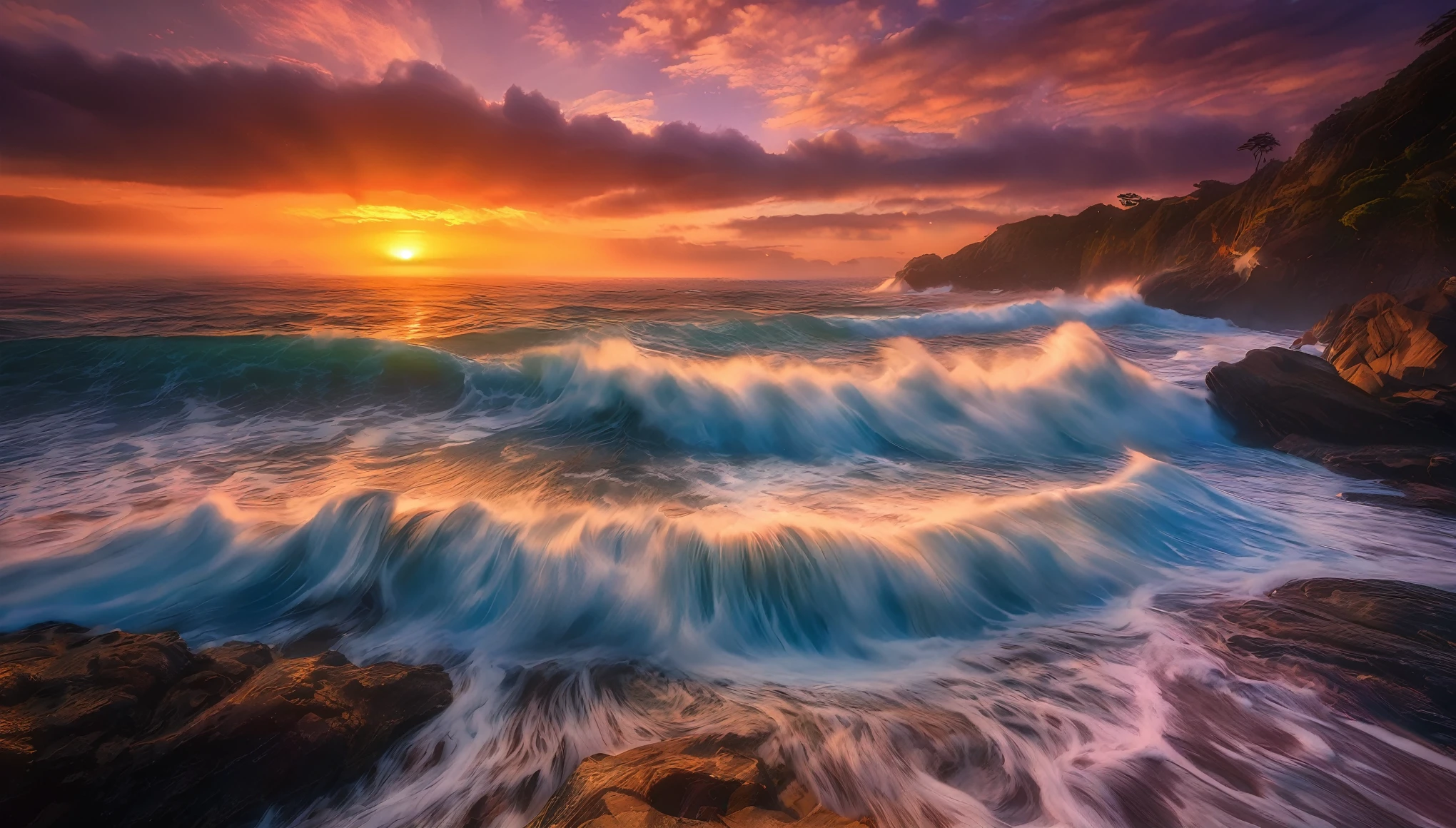 arafed view of a sunset over the ocean with waves crashing, chaotic sea setting, vibrant sunrise, breathtaking colors, breathtaking look, vibrant sunset, breathtaking composition, beautiful sea landscapes, stunning sunset, magnificent background, sunset glow, beautiful background, beautiful dreamy breathtaking, marc adamus, warm beautiful scene, epic sunset, beautiful sunset, beautiful sunset glow, beautiful ocean