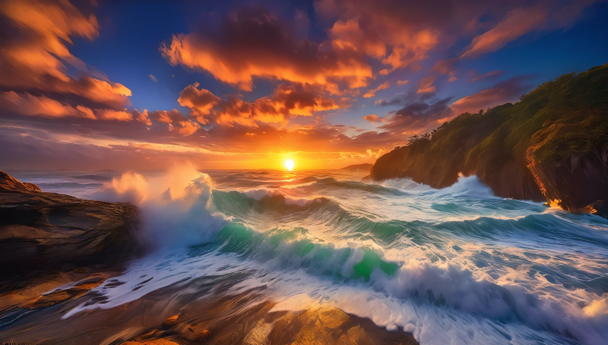 arafed view of a sunset over the ocean with waves crashing, chaotic sea setting, vibrant sunrise, breathtaking colors, breathtaking look, vibrant sunset, breathtaking composition, beautiful sea landscapes, stunning sunset, magnificent background, sunset glow, beautiful background, beautiful dreamy breathtaking, marc adamus, warm beautiful scene, epic sunset, beautiful sunset, beautiful sunset glow, beautiful ocean