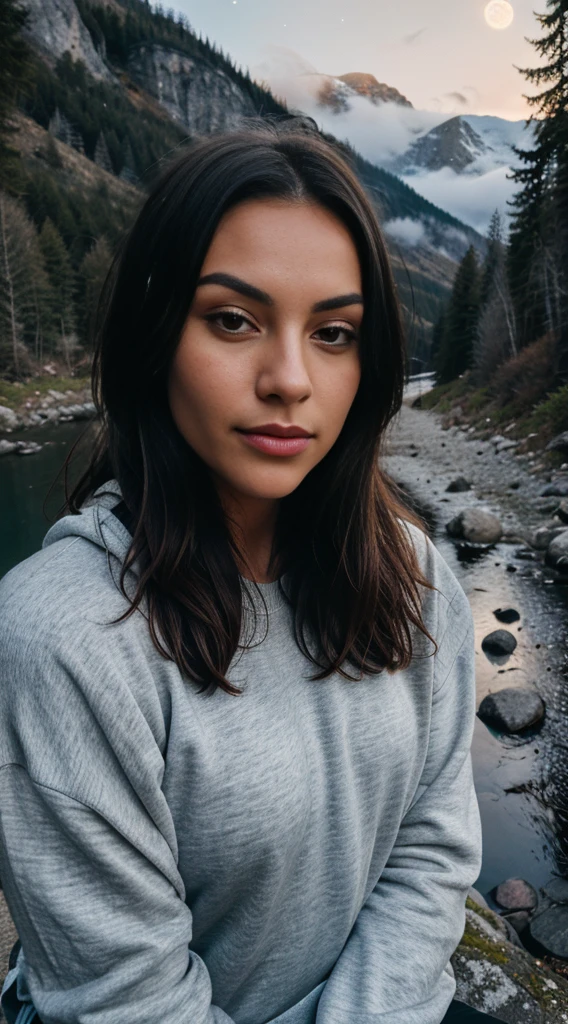 photorealistic, best quality, hyper detailed, beautiful woman, selfie photo, upper body, solo, wearing pullover, 3 different style and cloths ,outdoors, (night), mountains, real life nature, stars, moon, (cheerful, happy), sleeping bag, gloves, sweater, flashlight, forest, rocks, river, wood, smoke, fog, clear sky, analog style, looking at viewer, skin texture, film grain, close up, ultra high res, best shadow, RAW, instagram LUT