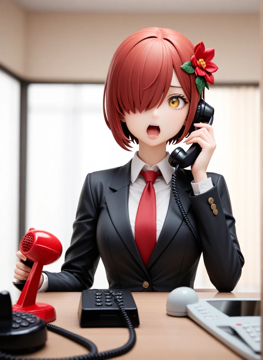 One girl, tie, red tie, Telephone, Short Hair, Open your mouth, Yellow Eyes, Red flower hair ornament,alone, Hair on one eye, suit, Jacket, formal, shirt, Official Alternative Costumes, white shirt, black Jacket, smartTelephone, collared shirt, talking on smartTelephone, Telephoneing, Telephone, Upper Body,blazer, business suit, indoor,Long sleeve, chest, window,Blurred Background, Are standing, medium chest ,masterpiece, 最high quality, high quality,