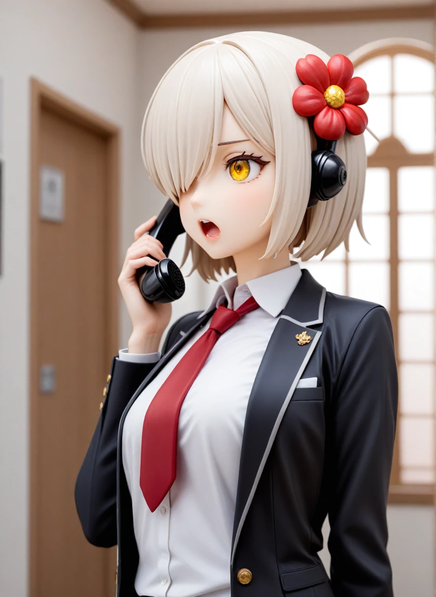 One girl, tie, red tie, Telephone, Short Hair, Open your mouth, Yellow Eyes, Red flower hair ornament,alone, Hair on one eye, suit, Jacket, formal, shirt, Official Alternative Costumes, white shirt, black Jacket, smartTelephone, collared shirt, talking on smartTelephone, Telephoneing, Telephone, Upper Body,blazer, business suit, indoor,Long sleeve, chest, window,Blurred Background, Are standing, medium chest ,masterpiece, 最high quality, high quality,