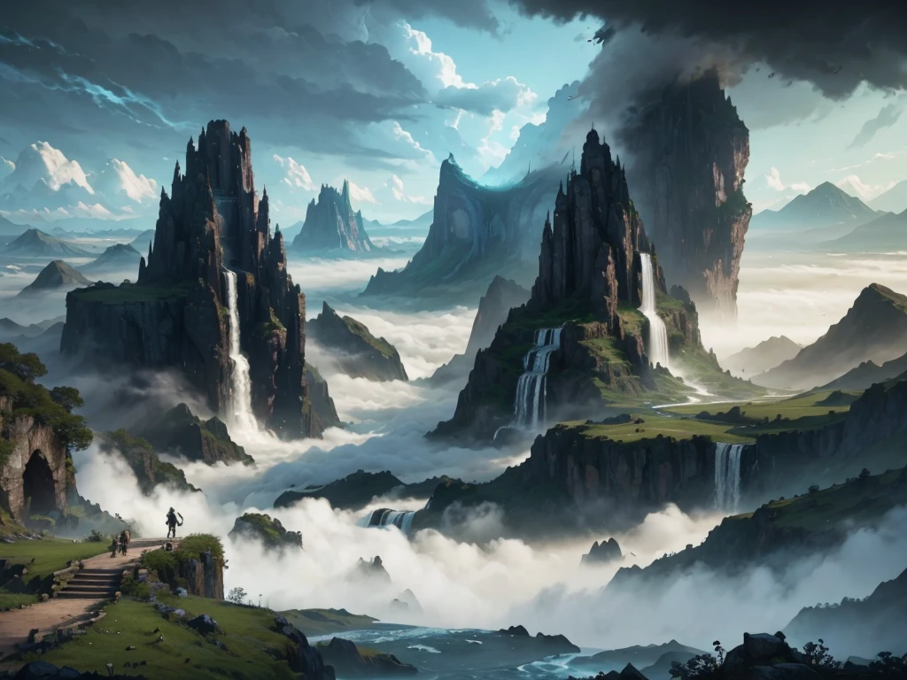 Alpha landscape of waterfall，Towers and waterfalls in the background, Fantasy painting，Lovely, landscape painting, Game Art Painting, Illustrations, Dota! Concept Art, Dota Concept Art, 2. 5D CGI anime fantasy artwork, Dreamy matte finish, Fantasy painting, Avatar Landscape, Game map painting