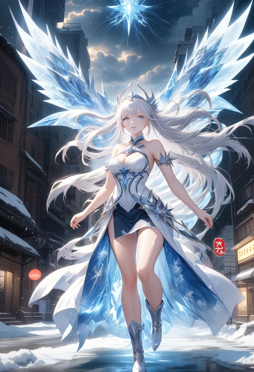anime, A giant ice goddess, clothes made of ice, higher than clouds, uses miracles to create blizzards, snow storm, giant whirlwinds, terrible destruction, thunder that descends on the city, light of apocalypse , surreal , detailed , full body , big breasts , sexy , short skirt , pretty legs , white skin , white hair ,, (Detailed face features:1.3), (RAW photo, 16k, masterpiece, best quality: 1.2), (ultra realism, hyper detailed and intricate realism: 1.3), (wide depth of field, radiant mapping, ray tracing, god rays: 1.2),