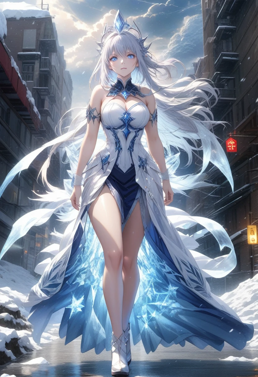 anime, A giant ice goddess, clothes made of ice, higher than clouds, uses miracles to create blizzards, snow storm, giant whirlwinds, terrible destruction, thunder that descends on the city, light of apocalypse , surreal , detailed , full body , big breasts , sexy , short skirt , pretty legs , white skin , white hair ,, (Detailed face features:1.3), (RAW photo, 16k, masterpiece, best quality: 1.2), (ultra realism, hyper detailed and intricate realism: 1.3), (wide depth of field, radiant mapping, ray tracing, god rays: 1.2),