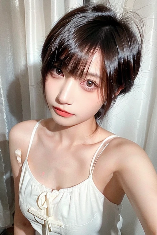 Hello, Can you help me create a hyperrealistic photo of a in golden lingerie?, laying in bed, with legs fully open, masturbating and with the other hand squeezing a breast, thank you