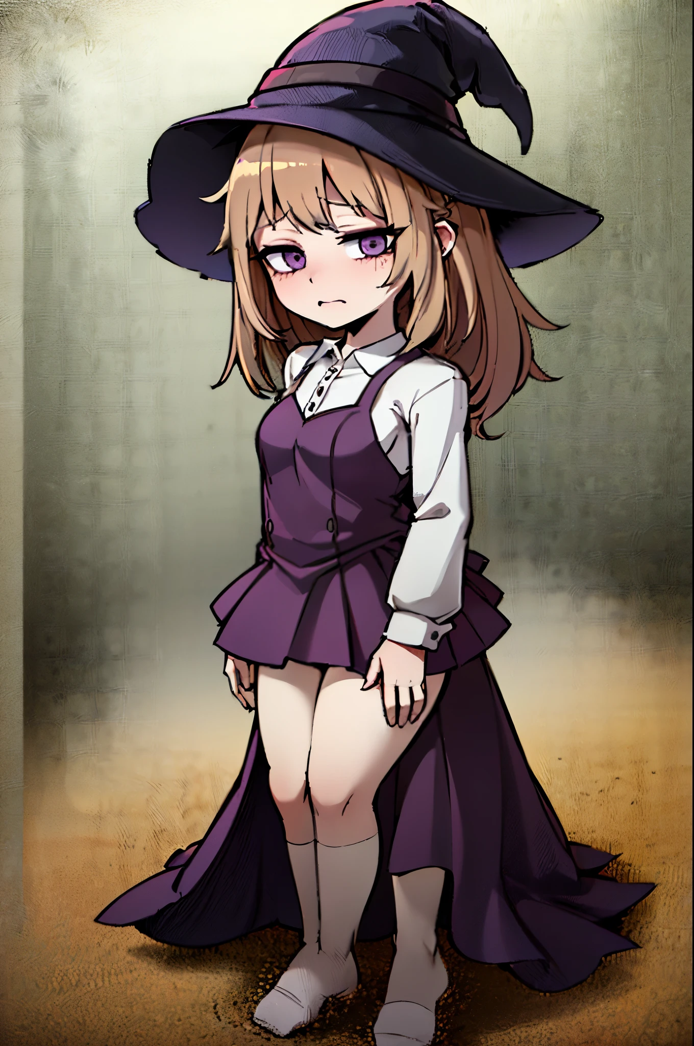 Witch Hat (Brown Hair) Long Hair (((Small breasts))) (Purple Eyes) ((())) (Slanted Eyes) (((low length))) ,(Turn around) (((solo))), Embarrassed, blush, uniform、I'm pulling up my skirt (((A girl farts)))Standing with legs together
、(Holding on)((Her butt is facing me)) (((Loli face)))(((Yellow gas leaking from the anus)))(((high quality)))