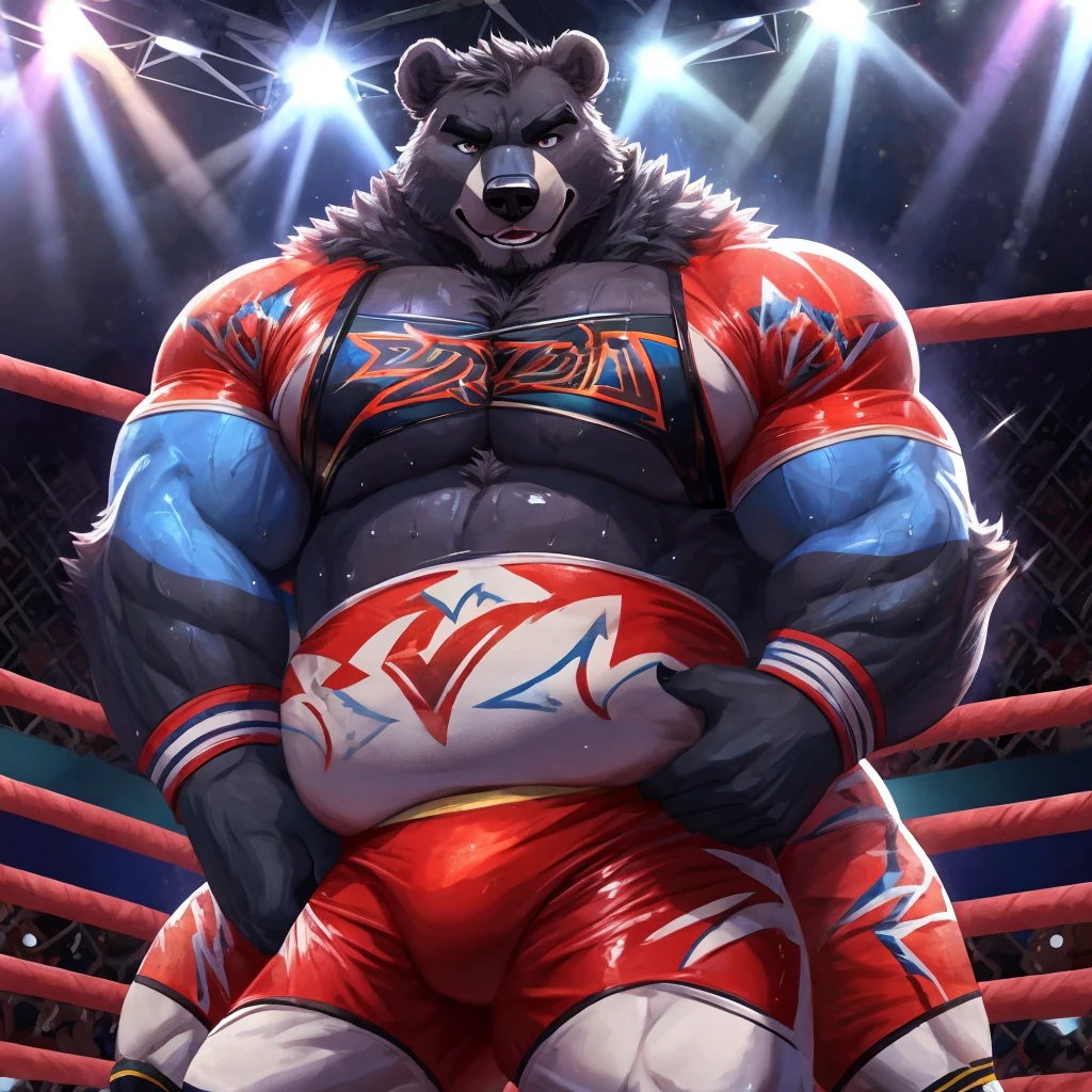 very, masculine, wrestling wrestler, fat but muscular, Big, Thick, robust, imposing, sweaty, black bear, wrestling ring background, focos brillantes en el techo iluminando su rostro sweaty, public in the background