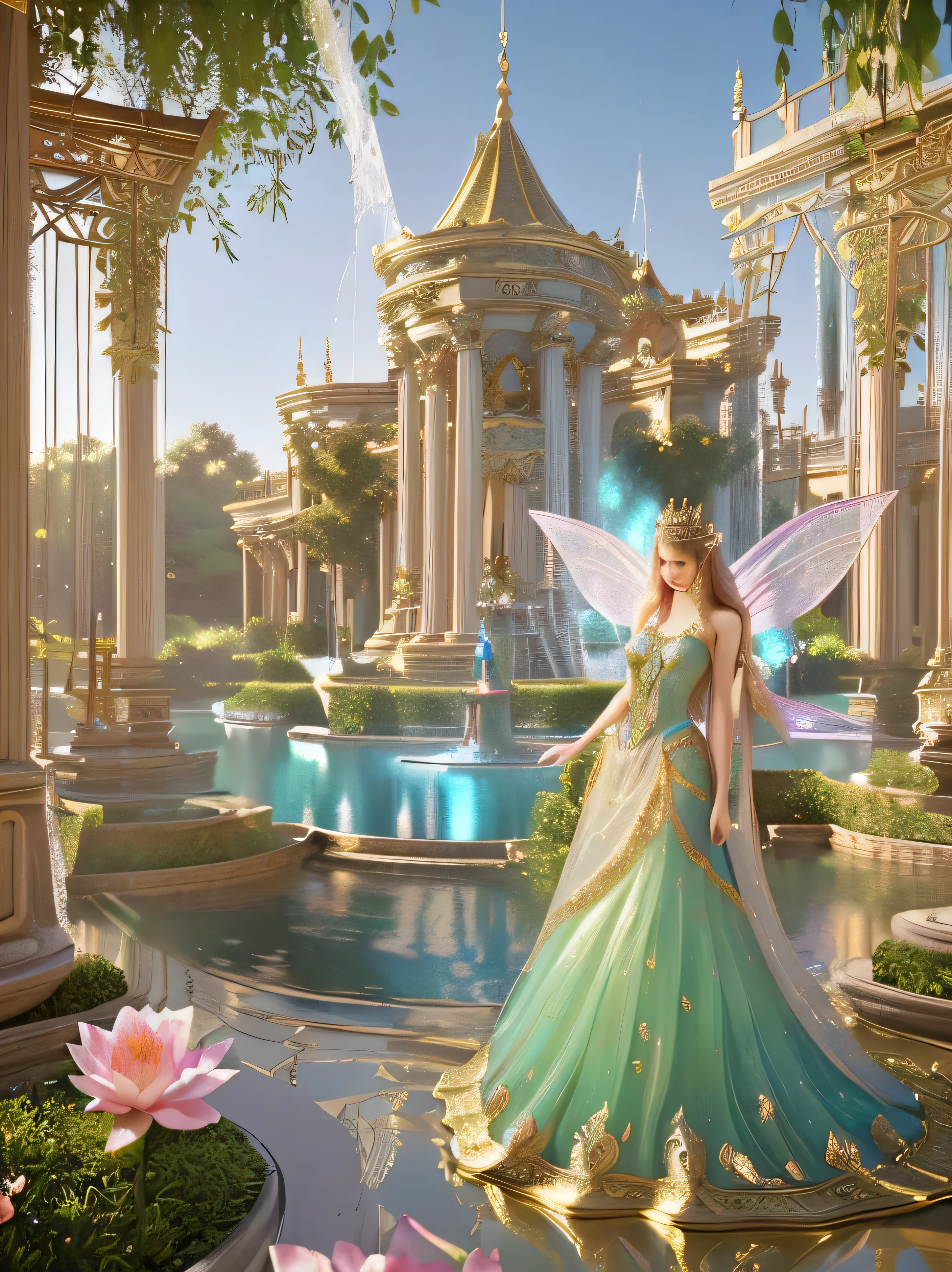 A beautifull girl in a fairy dress standing in a garden with a fountain, a beautiful fantasy empress, beautiful fantasy art, stuning fantasy 3 d render, very beautiful fantasy art, beautiful detailed fantasy, beautiful render of a fairytale, ((a beautiful fantasy empress)), breathtaking fantasy art, a paradise like a fairyland, gilded lotus princess.
