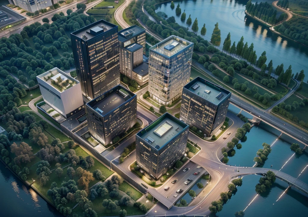 Skyscraper office building with green trees at night, High-tech environment, clear focus illustration hq, hq very detailed, The above points, skyscraper forest community, City, There is a river in the distance, City建筑亮化, High field of view, High-rise buildings，masterpiece，High Detail，HD resolution，8K，Crisp, high-quality rendering