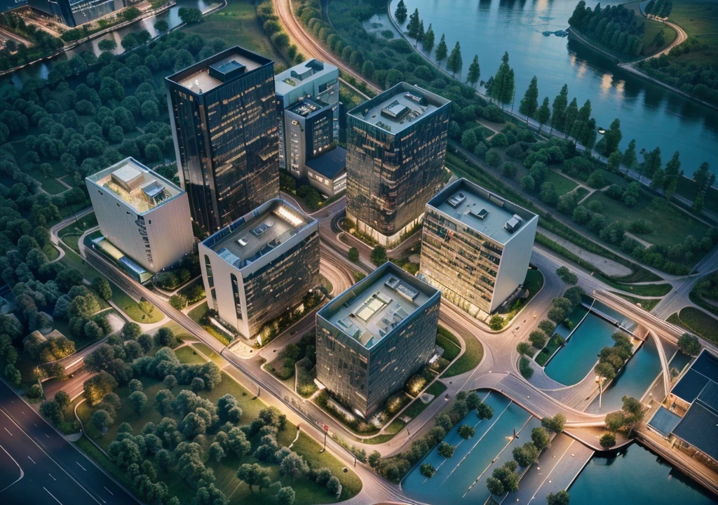Skyscraper office building with green trees at night, High-tech environment, clear focus illustration hq, hq very detailed, The above points, skyscraper forest community, City, There is a river in the distance, City建筑亮化, High field of view, High-rise buildings,masterpiece,High Detail,HD resolution,8K,Crisp, high-quality rendering