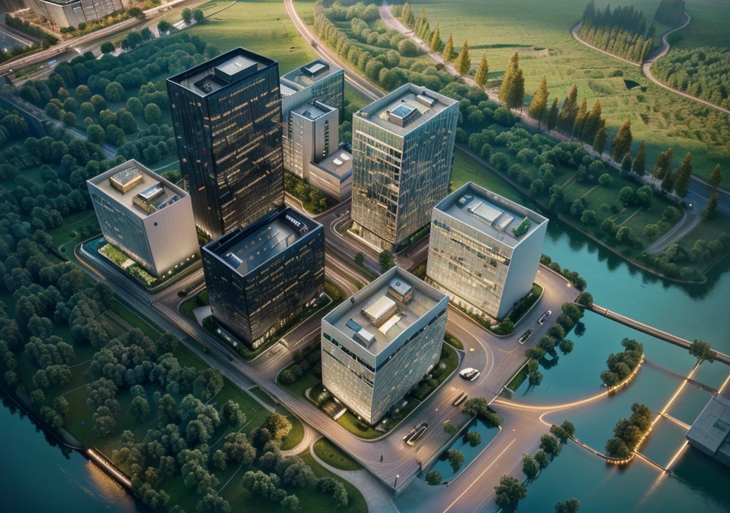 Skyscraper office building with green trees at night, High-tech environment, clear focus illustration hq, hq very detailed, The above points, skyscraper forest community, City, There is a river in the distance, City建筑亮化, High field of view, High-rise buildings,masterpiece,High Detail,HD resolution,8K,Crisp, high-quality rendering