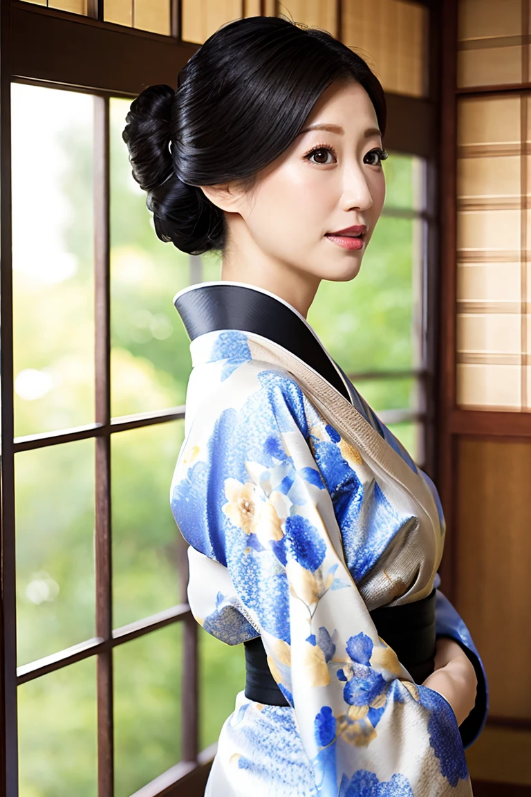 (Highest quality、Tabletop、8K、Best image quality、Award-winning works)、(1 Beautiful Mature Woman:1.1)、(Innkeeper:1.1)、(Elegant floral kimono:1.2)、(A kimono with a perfect and accurate collar:1.2)、Perfect Mature Woman Portrait Photo、Glowing Skin、Standing Elegantly、(Blurred elegant and elaborate perfect Japanese style room background:1.3)、(The most natural and perfect tidy Japanese-style room background:1.2)、(Elegant and luxurious Japanese style room background:1.1)、Glowing White Skin、Very white skin、(Accentuate your body lines:1.1)、(The most elegant posture:1.2)、(Large Breasts:1.2)、(Chignon:1.2)、(Accurate anatomy:1.2)、(Staring at me:1.3)、(Stand elegantly facing forward:1.2)、(Front view:1.3)